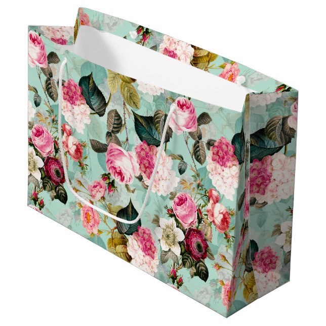 Antique Nostalgic Redouté Roses Pattern mint Large Gift Bag (Front Angled)