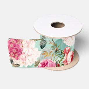 Antique Nostalgic Redouté Roses Pattern mint Satin Ribbon