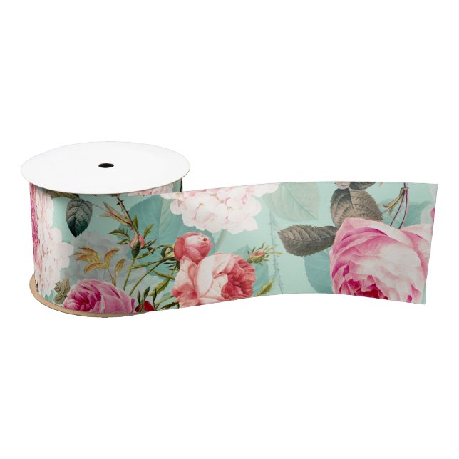 Antique Nostalgic Redouté Roses Pattern mint Satin Ribbon (Spool)