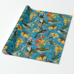 Antique Nostalgic Watercolor Birds and Flowers Wrapping Paper