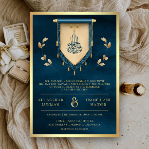 Antique Ocean Blue Gold Scroll Muslim Wedding Invitation