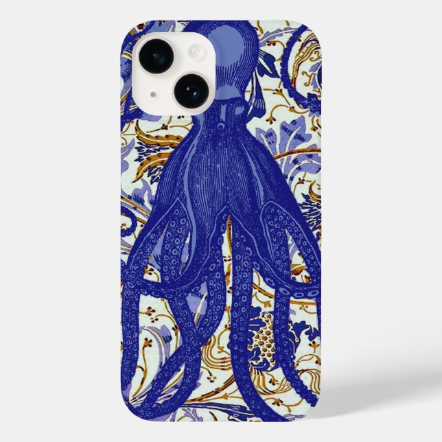 Antique Octopus on Blue Gold Floral Case-Mate iPhone Case (Back)