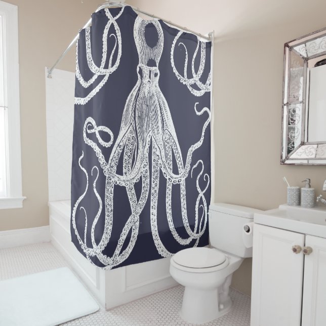 Antique Octopus on Blue Shower Curtain (In Situ)