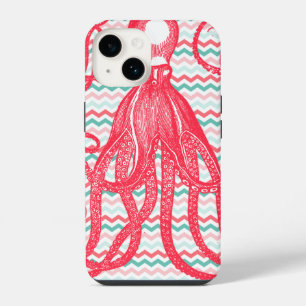 Antique Octopus on Coral and Aqua Chevrons iPhone 14 Case