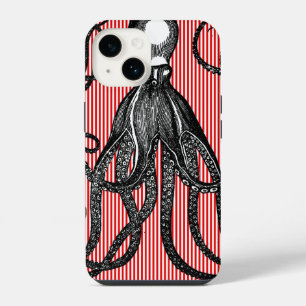 Antique Octopus on Red White Stripes iPhone 14 Case