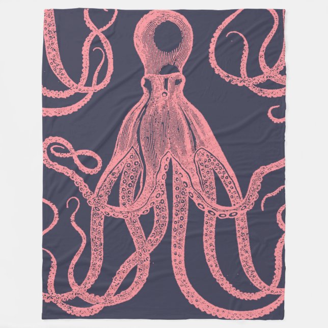 Antique Octopus Pink on Blue Fleece Blanket (Front)