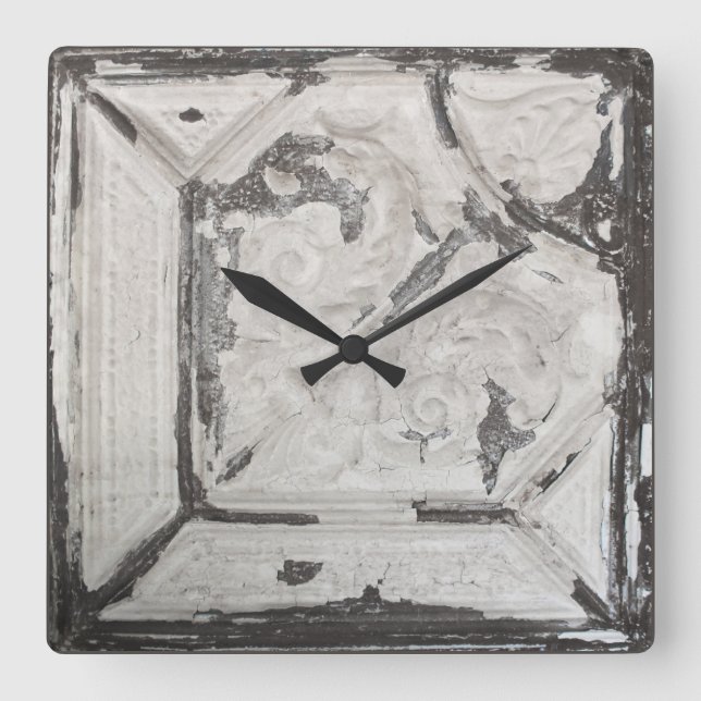 Antique Off White Peeling Paint Ceiling Tile Square Wall Clock (Front)