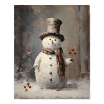 Antique Oil Painting Of A Snowman Wearing Hat