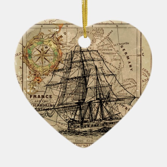 Antique Old General France Map & Ship Ceramic Tree Decoration (Front)