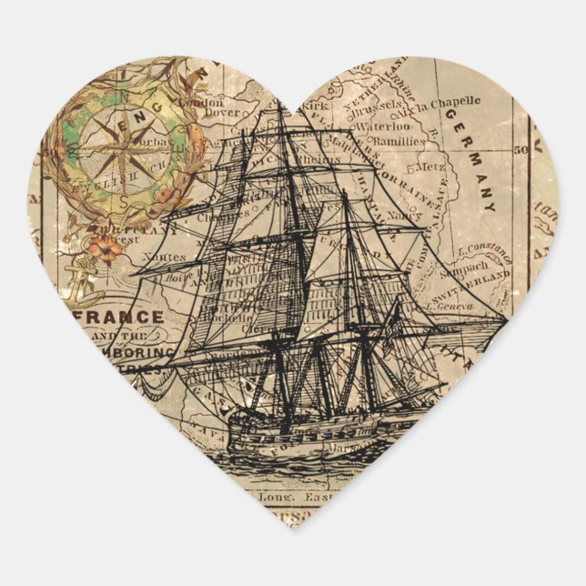 Antique Old General France Map & Ship Heart Sticker (Front)