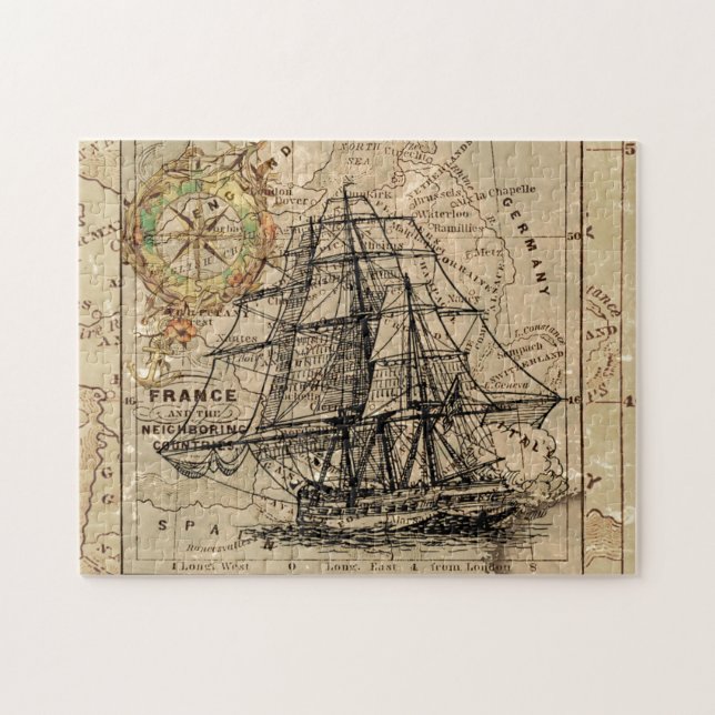Antique Old General France Map & Ship Jigsaw Puzzle (Horizontal)