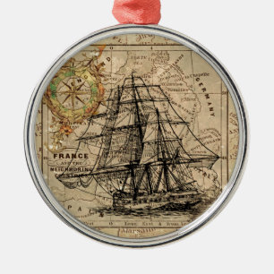 Antique Old General France Map & Ship Metal Tree Decoration