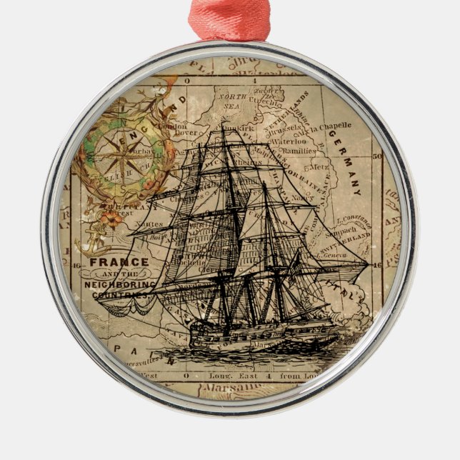 Antique Old General France Map & Ship Metal Tree Decoration (Front)