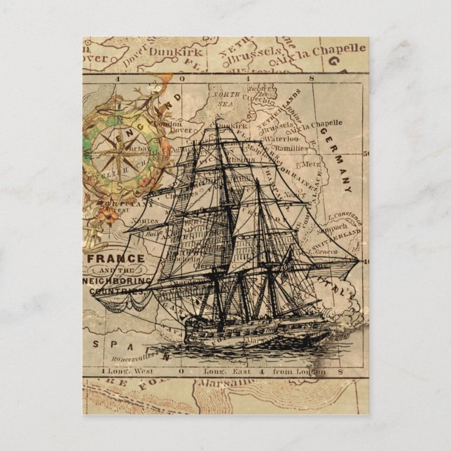 Antique Old General France Map & Ship Postcard (Front)