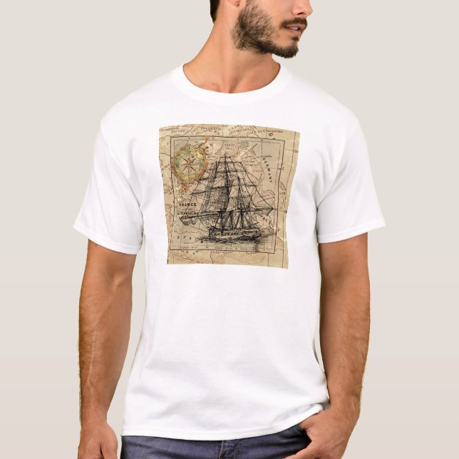 Antique Old General France Map & Ship T-Shirt (Front)