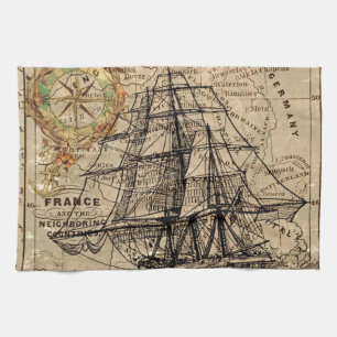 Antique Old General France Map & Ship Tea Towel