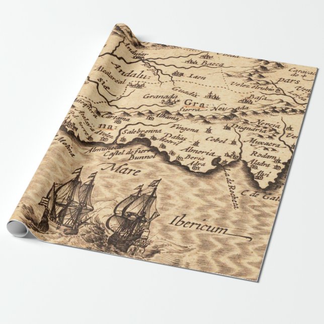Antique Old Map Inspired (3) Wrapping Paper (Unrolled)