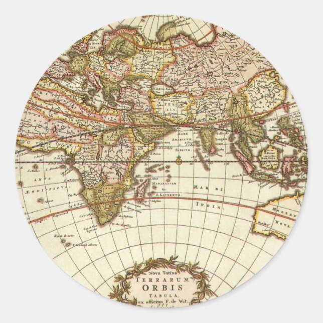 Antique Old World Map by Frederick de Wit, c. 1680 Classic Round Sticker (Front)