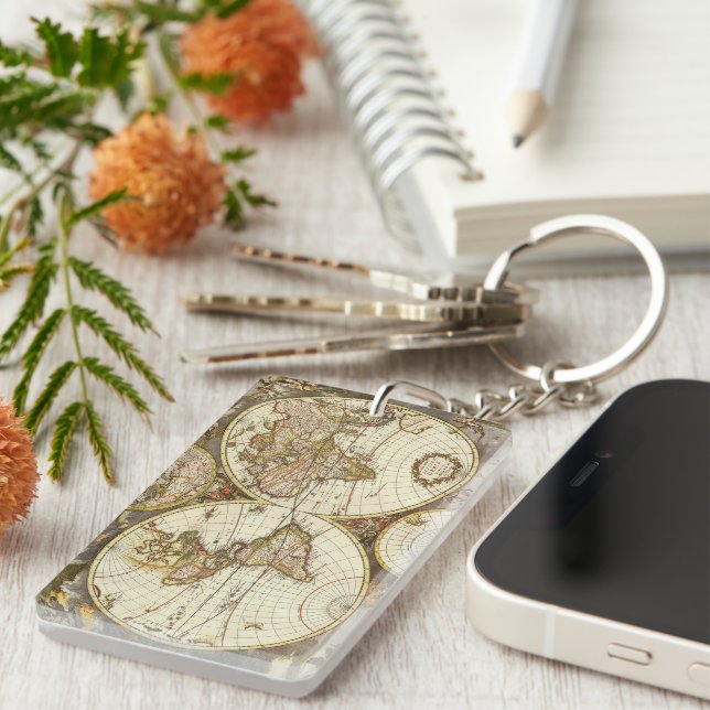 Antique Old World Map by Frederick de Wit, c. 1680 Key Ring (Front Right)