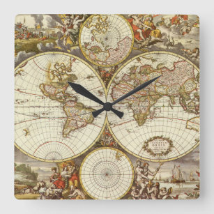 Antique Old World Map by Frederick de Wit, c. 1680 Square Wall Clock