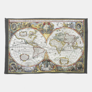 Antique Old World Map by Hendrik Hondius, 1630 Tea Towel