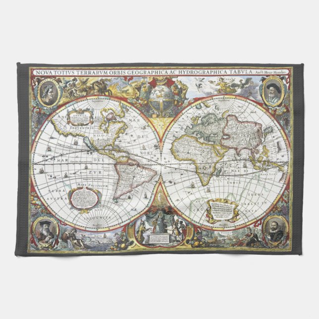 Antique Old World Map by Hendrik Hondius, 1630 Tea Towel (Horizontal)