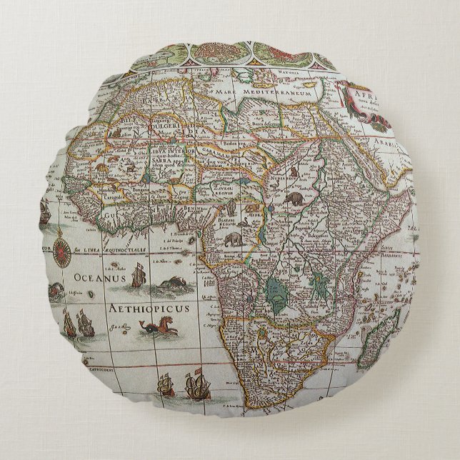 Antique Old World Map of Africa by Blaeu, c.1635 Round Cushion (Front)