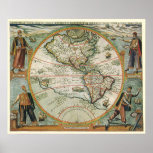 Antique Old World Map of the Americas, 1597 Poster
