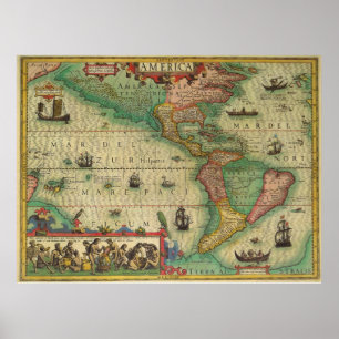 Antique Old World Map of the Americas by Hondius Poster