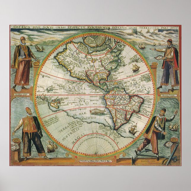 Antique Old World Map the Americas, Theodor de Bry Poster (Front)