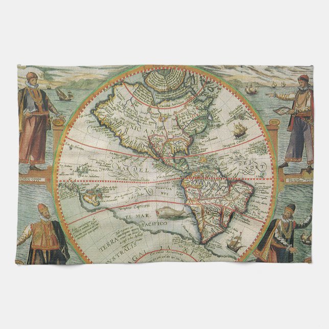 Antique Old World Map the Americas, Theodor de Bry Tea Towel (Horizontal)