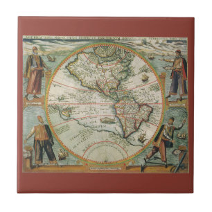 Antique Old World Map the Americas, Theodor de Bry Tile