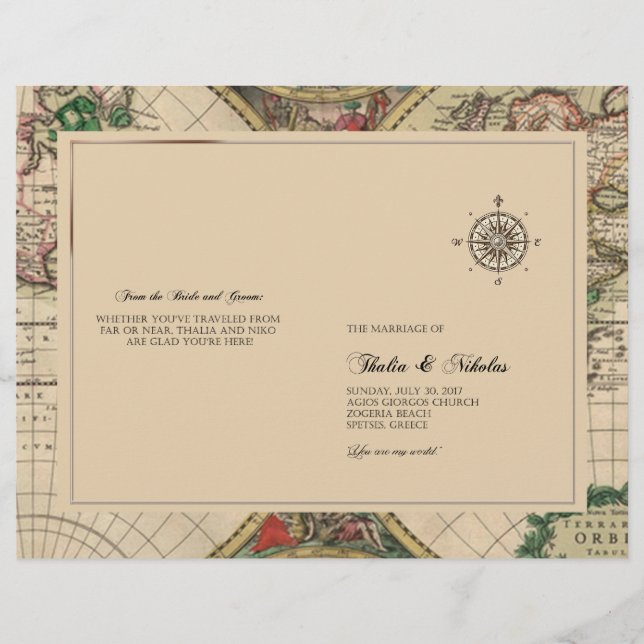 Antique Old World Map Wedding Program Thalia (Front)