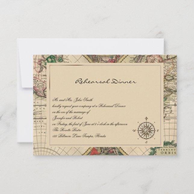 Antique Old World Map Wedding Rehearsal Invitation (Front)