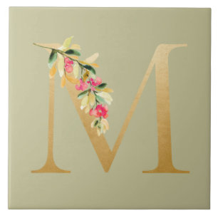 Antique olive background faux golden M floral Tile