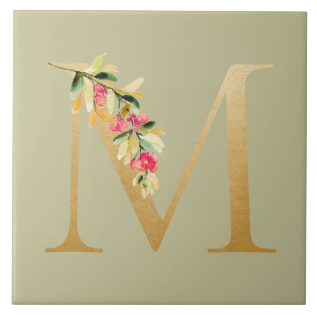 Antique olive background faux golden M floral Tile (Front)