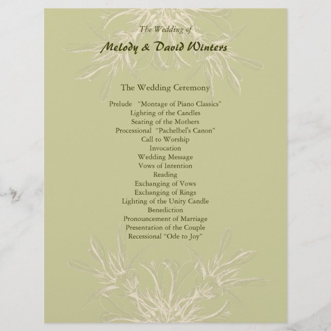 Antique Olive Floral Wedding Program (Front)