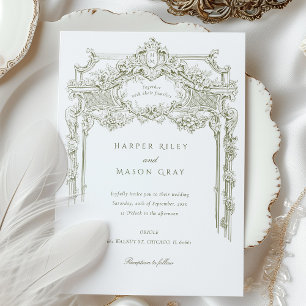 Antique Olive Ornate Wedding Invitation