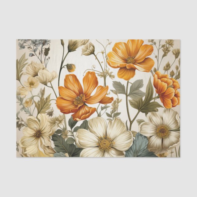 Antique Orange and Magnolia Flowers Decoupage Tissue Paper (Front)