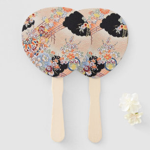 Antique Orange Black Japanese Kimono Floral Flower Hand Fan