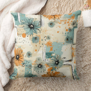 Antique Orange Blue Botanical Floral Cream Cushion
