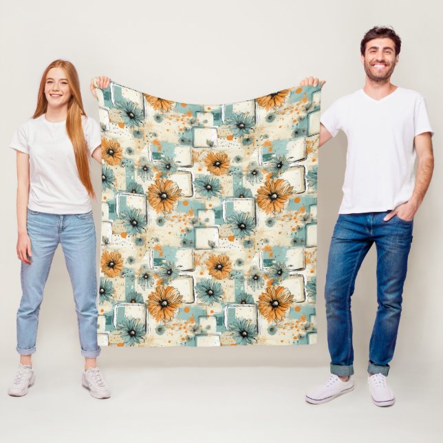 Antique Orange Blue Botanical Floral Cream Fleece Blanket (In Situ)