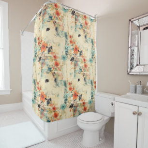 Antique Orange Blue Floral Faded Ephemera Shower Curtain
