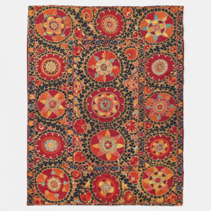 ANTIQUE ORANGE RED WHITE FLORAL UZBEK EMBROIDERY FLEECE BLANKET