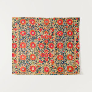 ANTIQUE ORANGE RED WHITE FLORAL UZBEK EMBROIDERY  TAPESTRY