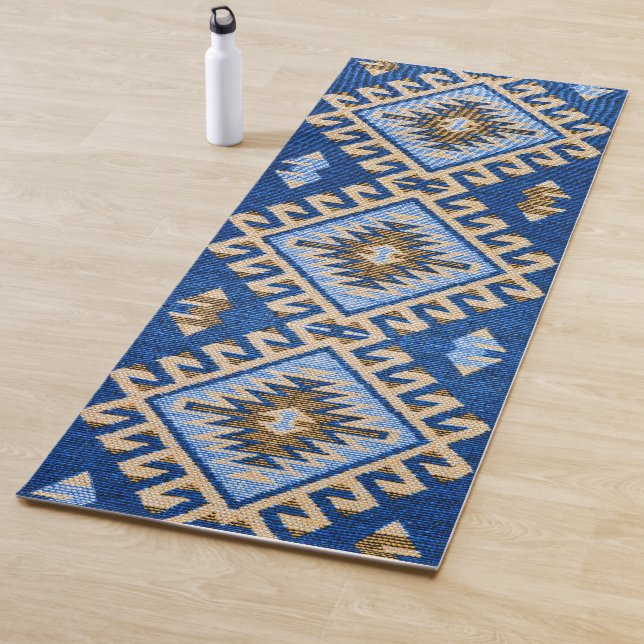 Antique Oriental Blue Beige Turkish Kilim Rug Yoga Mat (In Situ)