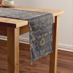Antique Oriental Chinese Elephants Pattern Print Short Table Runner