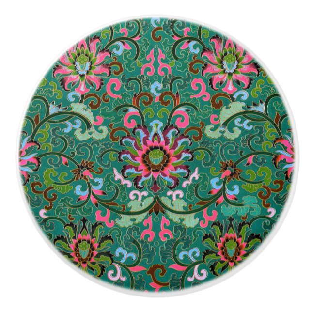 Antique oriental floral green pink chinoiserie ceramic knob (Front)