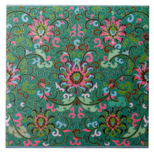 Antique oriental floral pattern green and pink tile