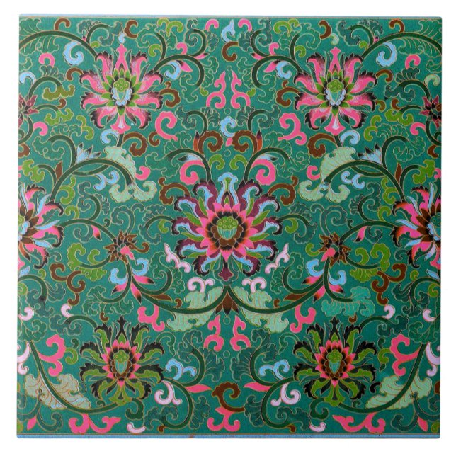 Antique oriental floral pattern green and pink tile (Front)
